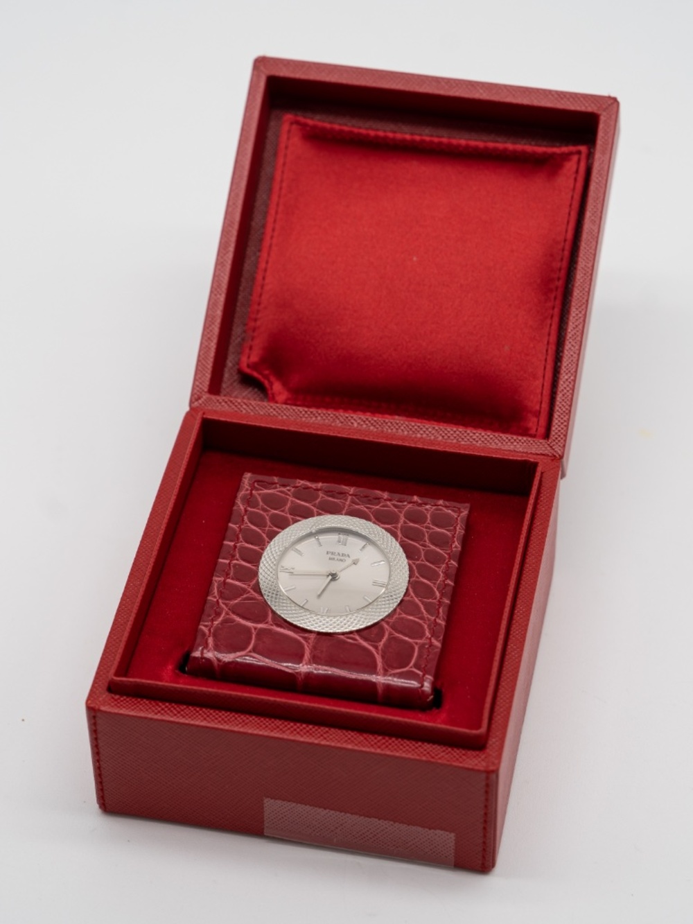 Prada Desk Clock Watch Table Red Leather Croc Steel Case - Picture 6 of 7